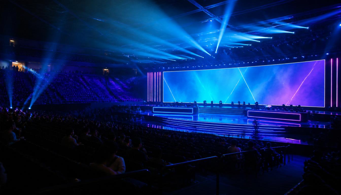 Professional esports arena moments before the grand finals, massive LED stage glowing over the crowd