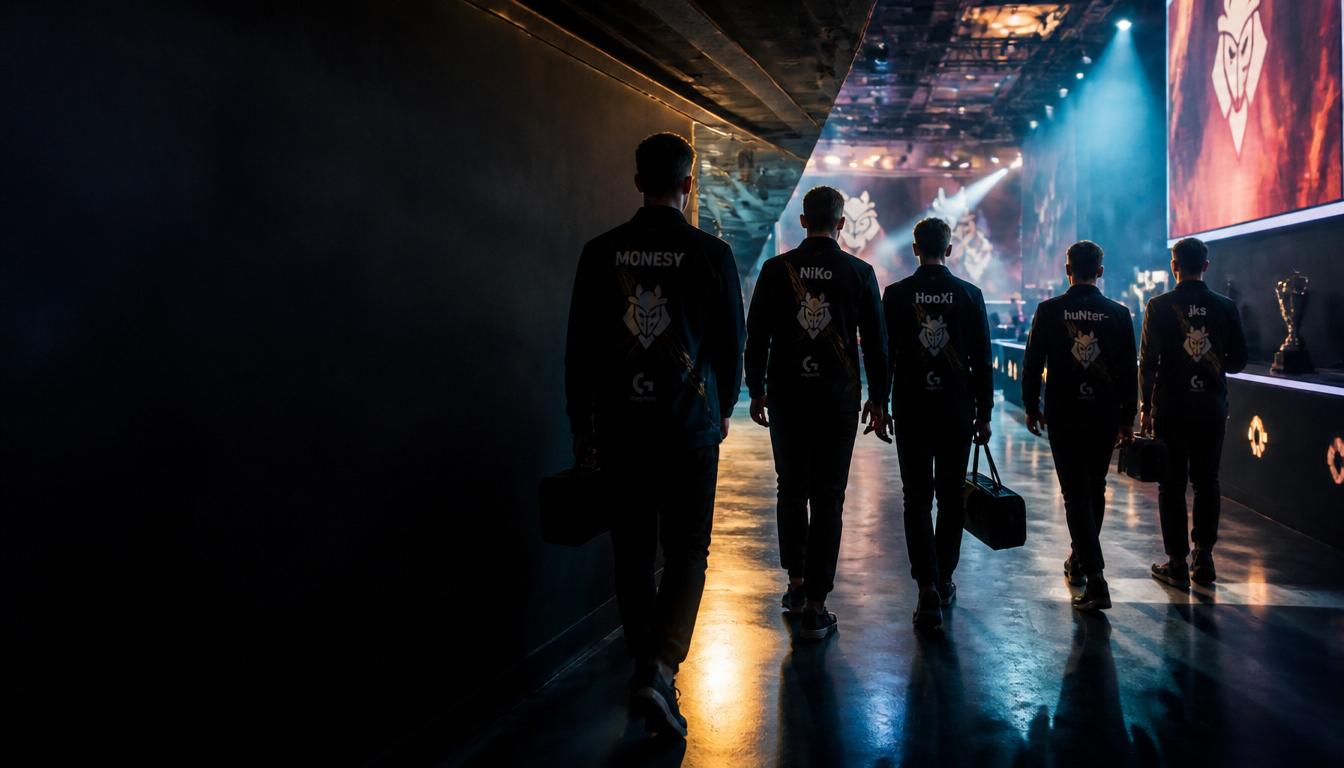 Vanta Five players walking from backstage toward a brightly lit tournament stage